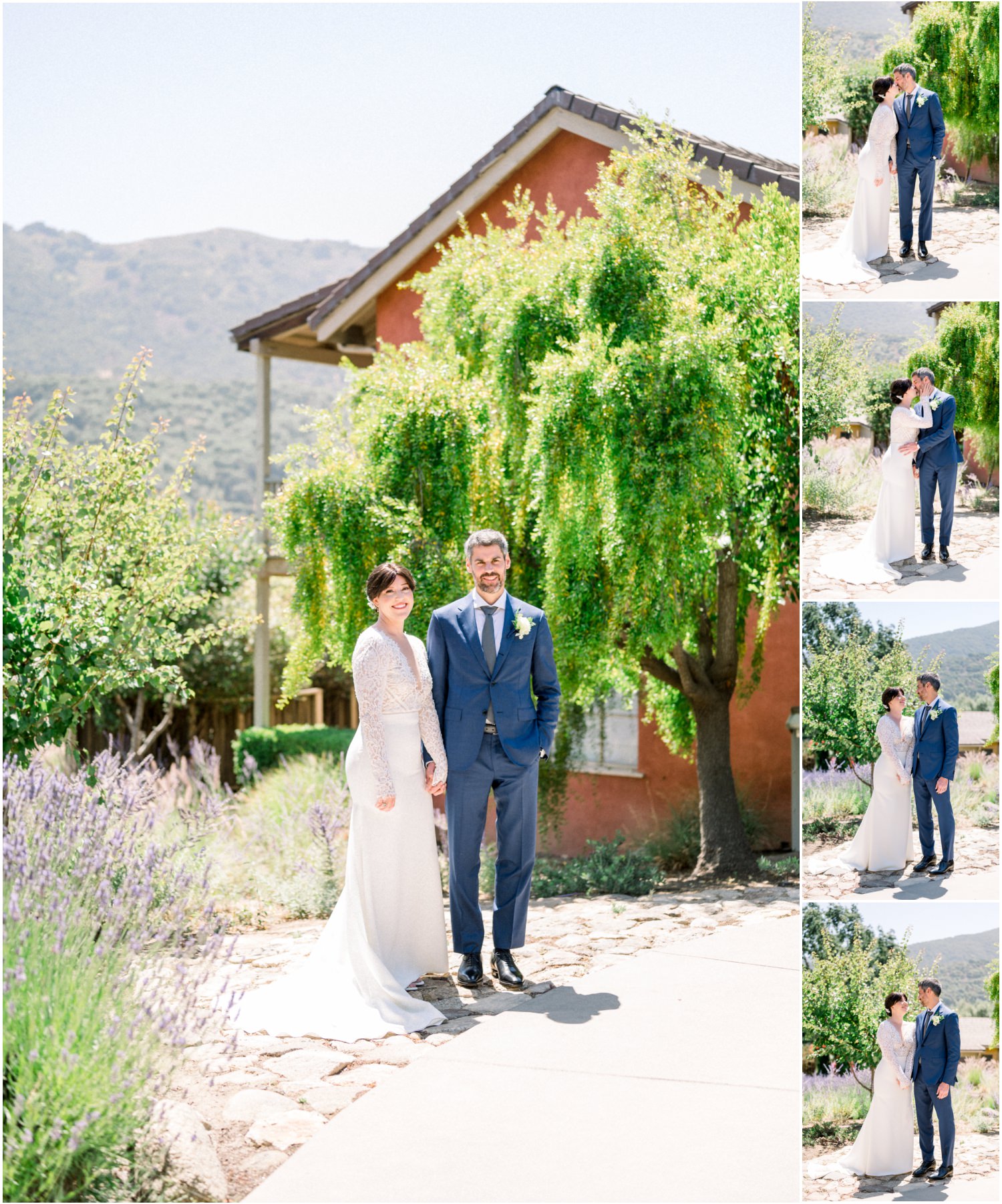 Bride and groom standing in front of tree and red building
