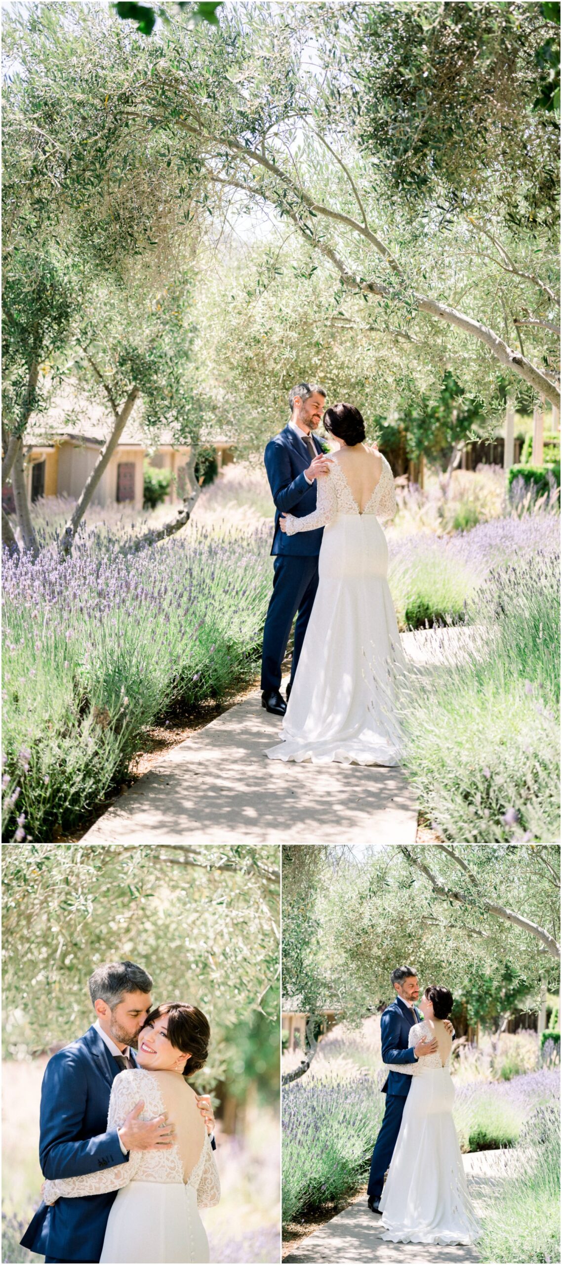 bride and groom in front of trees and lavender hugging