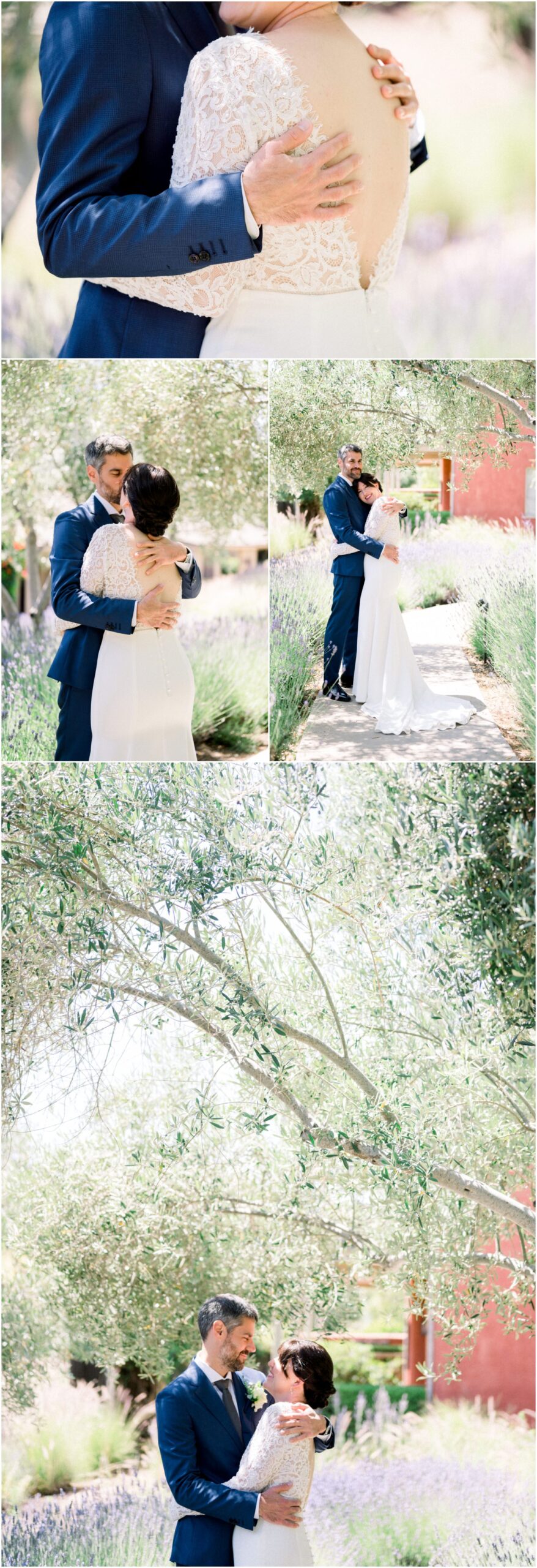 bride and groom in front of trees and lavender hugging