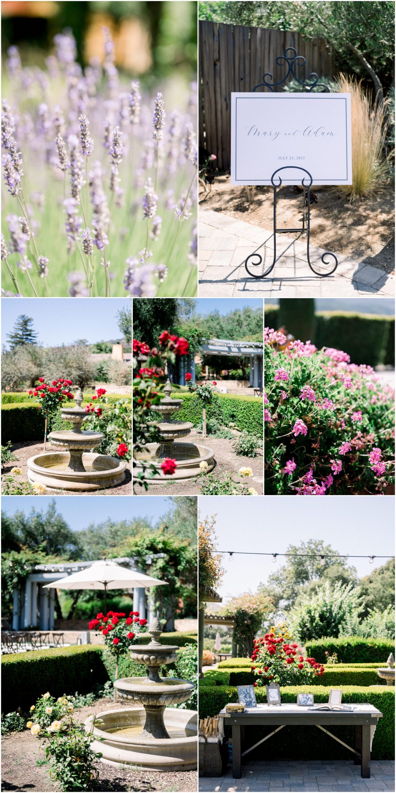 collage of a pretty venue with a fountain and lavender