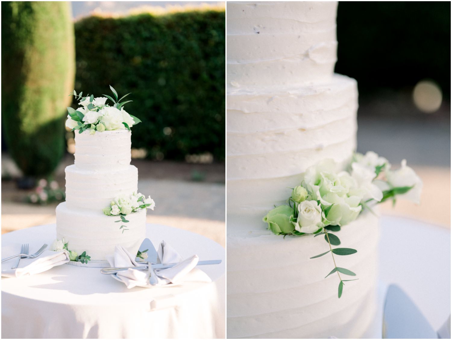 two photos of a wedding cake that is white with a few small white and green florals