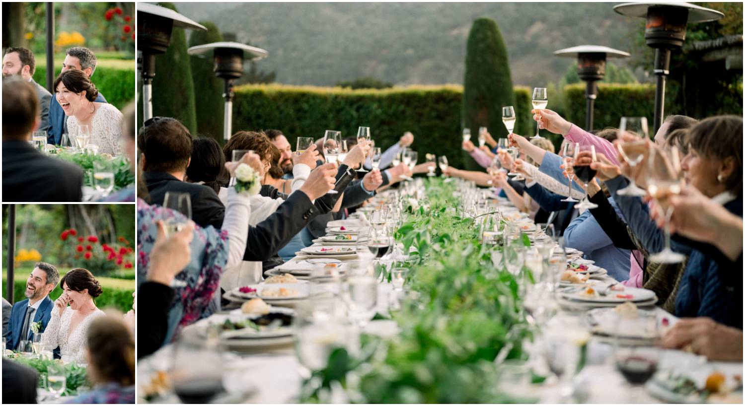 guests toasting down a long table at bernardus wedding
