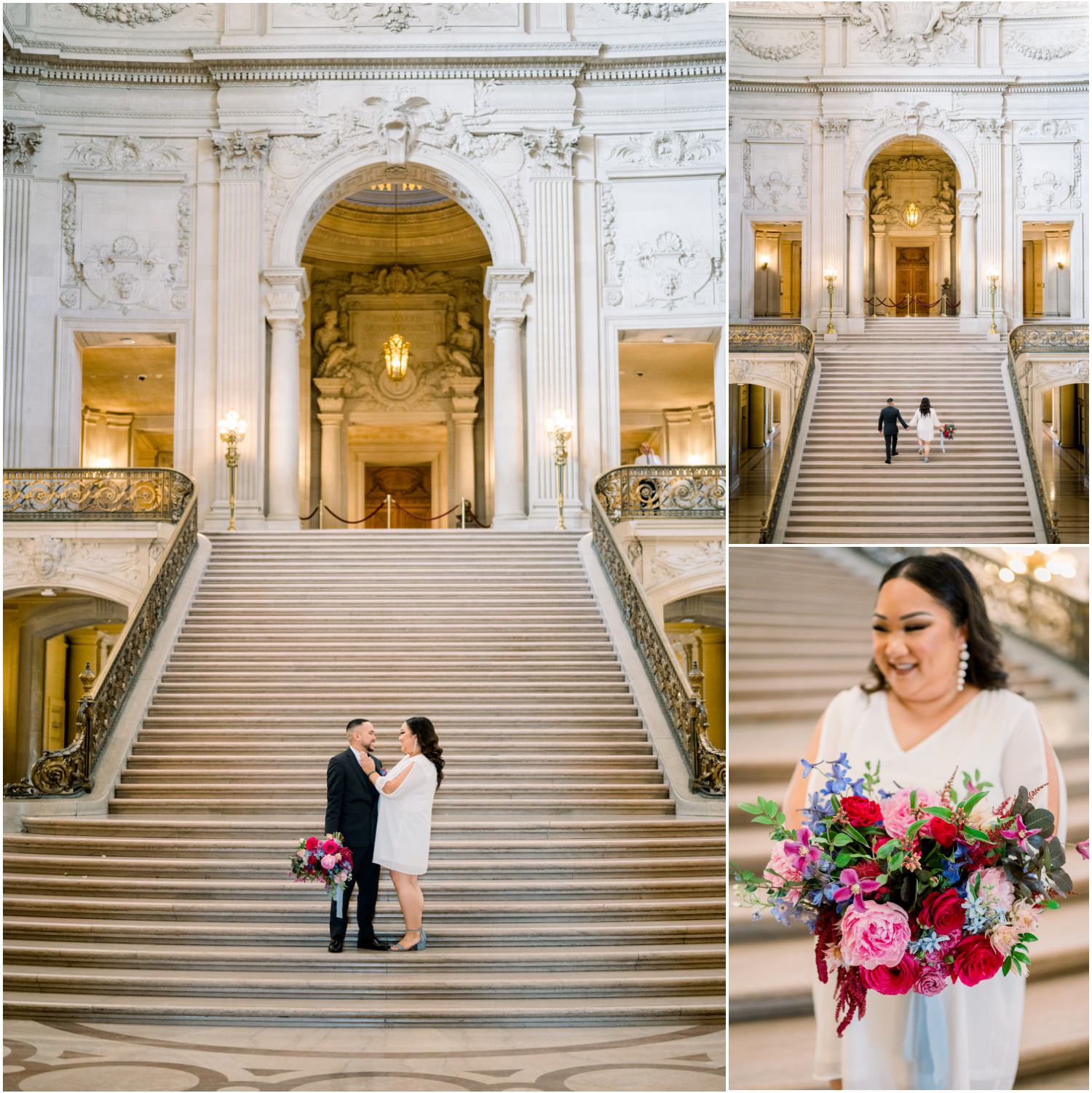 Photo of wedding at sf city hall. Bride with bouquet and bride and groom on grand staircase